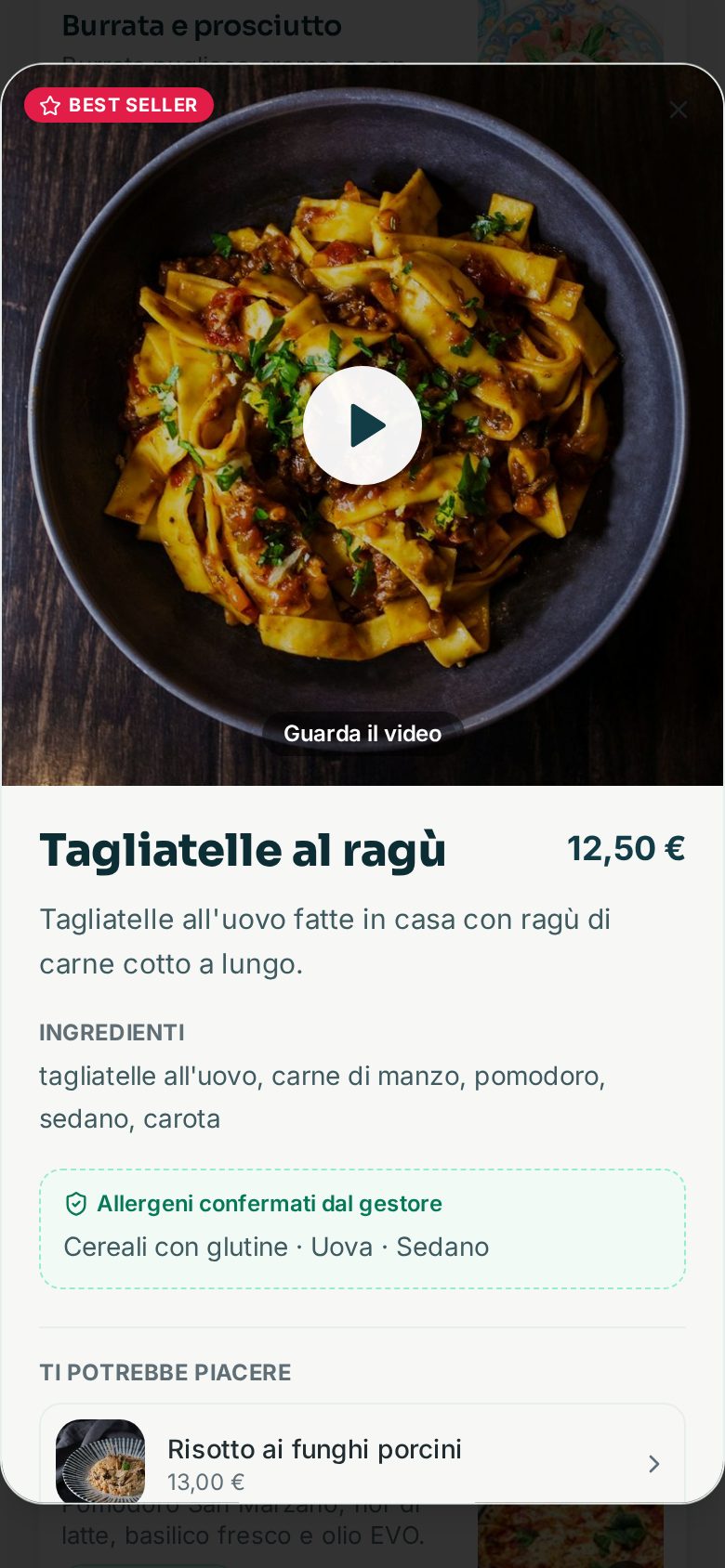 Scheda prodotto con video, allergeni e suggeriti